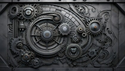 A complex array of gears and machinery highlights modern industrial design and texture.