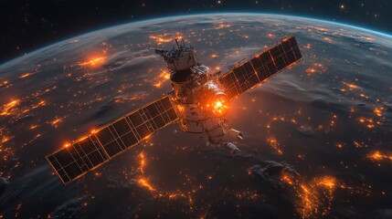 Poster - A spacecraft revolves around Earth, transmitting telemetry data while monitoring cosmic radiation and environmental changes in the atmosphere at night.
