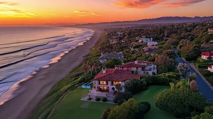 Aufkleber - Spectacular aerial view of sunrise over ocean waves at Melbourne Atlantic coastline, Aerial sunrise view ocean waves Melbourne Atlantic beach