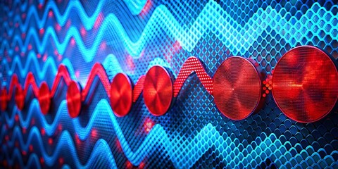 Poster - Abstract Red Zigzag Circles & Blue Data Wave: Digital Technology Background