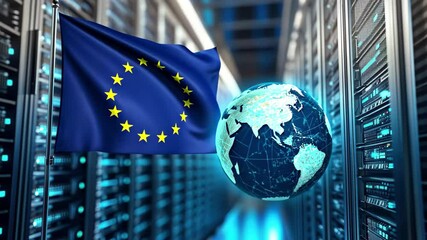 Poster - Digital representation of European Union influence with globe and flag in server room setting, flag of eu and globe over server room
