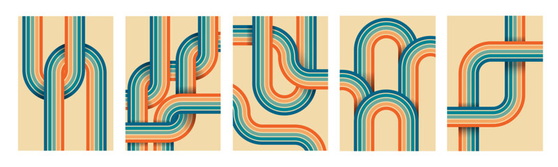 Poster - Retro background. 70s line vintage pattern. Abstract graphic curve path with geometric 60s design. Minimalist art print. Striped ribbons. 1970s or 80s rainbow elements. Vector posters set
