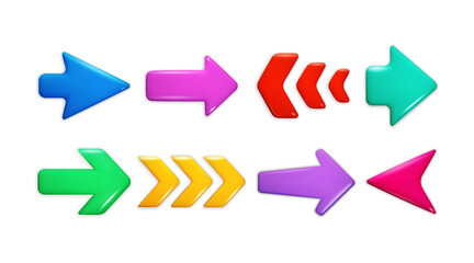 Poster - 3d arrow. Down, right glass icon or cursor direction, next up or left render. Cute digital button. Isolated glossy color elements. Navigation digital pointing objects. Vector cartoon set