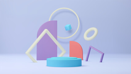 Poster - 3d shapes. Cute podium render, abstract geometric pastel display or room stage platform. Light studio wall. Product presentation minimal showcase. Pastel composition. Vector scene background