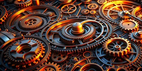 Poster - Abstract Orange & Black Intertwined Gears - Drone Aerial View