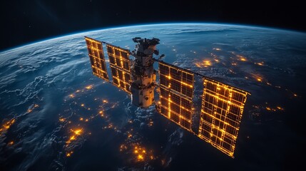 Poster - A satellite orbits Earth, equipped with solar panels that harvest energy. It transmits data related to astrophysics and cosmic radiation while monitoring atmospheric conditions.