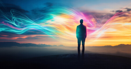 Aufkleber - A figure stands against a breathtaking sunset, contemplating the fusion of technology and nature in contemporary agriculture.