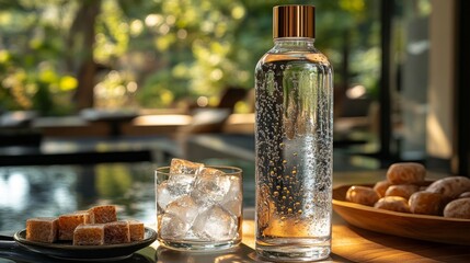 Poster - Sparkling water in a stylish bottle stands next to a glass with ice cubes. Sweet treats sit on a wooden plate in a serene, contemporary cafe during daytime.
