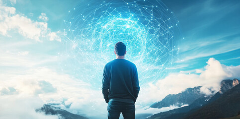 Poster - A person stands in front of expansive agricultural fields under a vibrant sky, contemplating the impact of modern technology and selection methods on farming practices and sustainability.