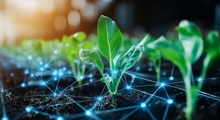 Poster - Young plants thrive in well-prepared soil, benefiting from advanced agricultural techniques. Visible connections suggest the integration of technology in farming to optimize crop yield and health.
