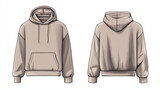 Front and back view of mocca hoodie jacket mock-up design, technical sketch background. Ai generated images.