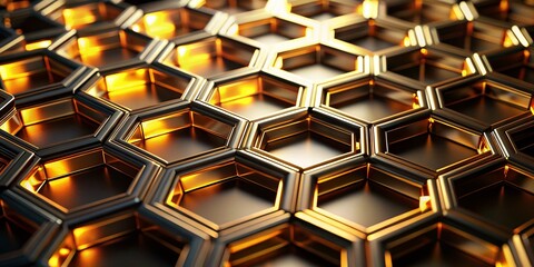 Poster - Abstract Gold Hexagon Dark Background Glowing Geometric Structure Stock Photo