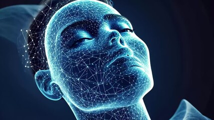 Poster - Robot head activates artificial intelligence interface in futuristic setting, Robot head waking up an artificial intelligence concept ofTechnology of the future