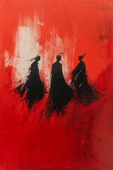 Poster - Mysterious Figures in Crimson: Three shadowy figures move across a vivid, textured red canvas, evoking a sense of mystery and intrigue.