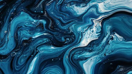 Poster - Fluid waves of vivid blue on a black backdrop create a mesmerizing visual effect in a dynamic abstract display, Animated blue Fluid Waves In black background