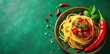 © dadtophoto - Spicy spaghetti with chili peppers on a green background, italy, top-view, cuisine