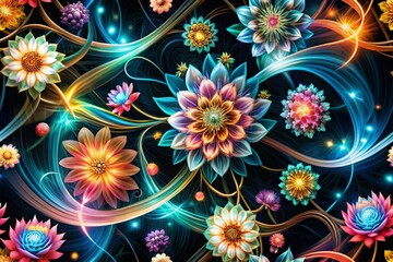 Poster - Abstract Colorful Floral Geometric Pattern Black Background Long Exposure Photography