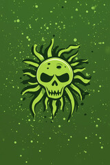 Poster -  Sinister Sun Skull Icon: A striking graphic illustration featuring a menacing skull radiating sun rays, set against a textured green background