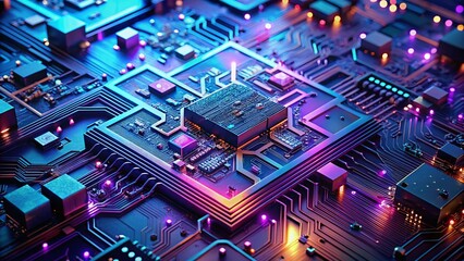 Poster - abstract circuit board technology background - 3d rendered night photography