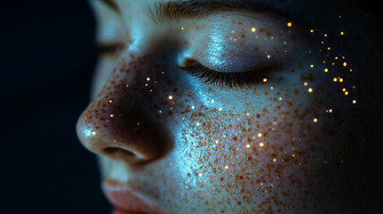 Wall Mural - cosmic freckles: a close-up of a face with freckles illuminated like constellations under soft light