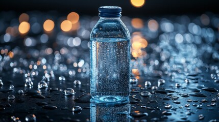 Aufkleber - A clear water bottle stands upright on a smooth, reflective surface, surrounded by droplets. Soft light creates a serene ambiance, enhancing the tranquil mood of the evening setting.