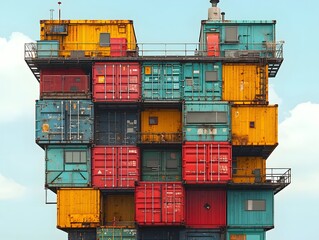 Poster - A Corporate Skyscraper Built from Stacked Shipping Containers long title This image depicts a unique and innovative corporate skyscraper constructed