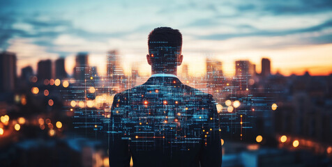 Poster - A person stands in front of a city skyline during sunset, surrounded by digital overlays symbolizing agricultural innovation and modern selection techniques.
