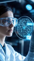 Poster - Female Scientist Examining Futuristic Data Visualization in Laboratory