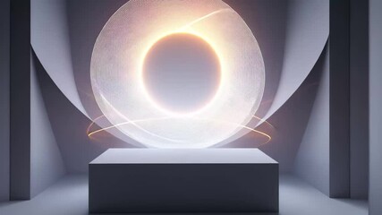 Poster - Neon circle over shifting white shapes creating a modern artistic display in a minimalistic space, neon circle over white shapes moving