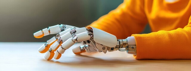 Poster - Human-like robotic hand resting on a wooden table in bright light