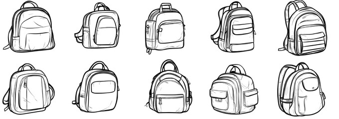 A modern black backpack is depicted in a sketch isolated on a white background as part of a line art drawing collection