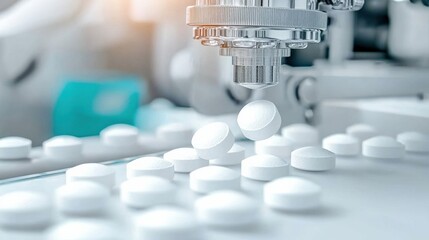 Poster - Close-up of Pharmaceutical Tablet Production Process in Factory Setting