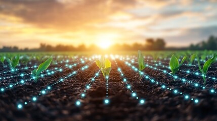 Poster - In fields of young plants, bright green shoots emerge from rich soil as the sun rises. A network of digital data points highlights modern techniques in agricultural selection and growth.