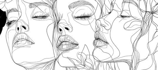 A set of line art prints featuring a female face surrounded by flowers, created using minimal linear illustration techniques on a white background for a trendy design aesthetic