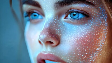 Poster - Artistic rendering of a human face with blue digital light patterns, symbolizing artificial intelligence and futuristic concepts
