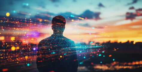 Poster - A person stands in a vast field during sunset, surrounded by a blend of digital elements representing modern agricultural practices and selection techniques in farming.