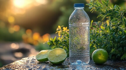 Poster - A clear water bottle stands on a stone surface next to fresh slices of lime, with a sunlit garden in the background showcasing vibrant greenery.