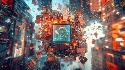 Poster - Illuminated Night Cityscape with Dynamic Data Patterns, Vibrant Neon Palette, Glowing Network Connections, Cinematic Composition, Sophisticated Digital Aesthetic