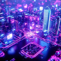 Poster - Vibrant Night Cityscape with Dynamic Data Visualizations, Glowing Networks Over Illuminated Streets, Neon Palette, Sophisticated Digital Aesthetic, Cinematic Composition
