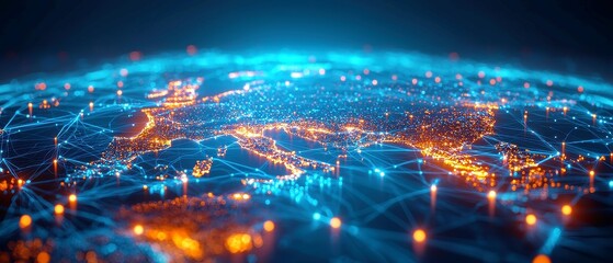 Poster - Vibrant Night Cityscape with Data Patterns, illuminated streets adorned with glowing network connections, dynamic visualizations in a rich neon palette, cinematic and sophisticated digital aesthetic
