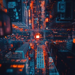 Poster - Illuminated Cityscape with Dynamic Data Visualization, night scene featuring glowing network connections overlaying vibrant streets, cinematic composition, sophisticated digital aesthetic