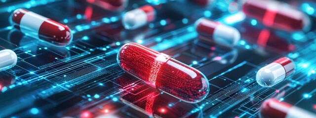 Poster - Digital Composition of Red Capsule with Glowing Data Network Template
