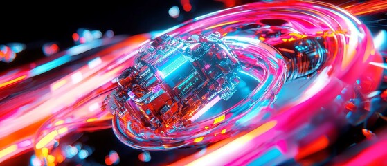 Poster - Futuristic aerial cityscape showcasing a vibrant metropolis, illuminated by holographic data streams, intricate connections between districts, dynamic modern design.