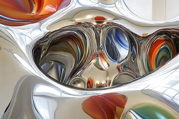 Poster - Abstract chrome sculpture with liquid forms and vibrant inner reflections, showcasing fluidity and modern design within the studio space