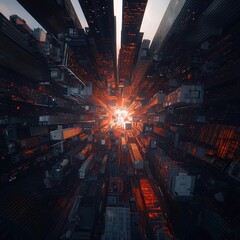 Poster - Futuristic aerial cityscape showcasing a vibrant metropolis filled with holographic data streams weaving through skyscrapers, interconnected districts, illuminated by cinematic lighting.