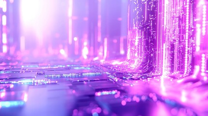 Poster - Neon-Illuminated Futuristic Cityscape, vibrant cyan and purple data streams, glowing connectivity lines, dynamic networks over skyscrapers, high-tech cinematic atmosphere, immersive experience