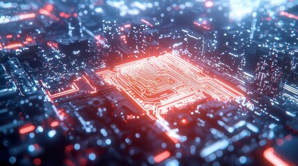 Poster - Illuminated Digital Cityscape with Flowing Grid Patterns, Overhead View of Urban Connectivity, Warm and Cool Lighting for Enhanced Depth, Sophisticated Visuals Displaying Data Flow