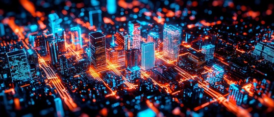 Poster - Illuminated Cityscape with Digital Grid Patterns, Overhead View of Urban Landscape, Dynamic Flow of Light and Data, Vivid Contrast of Warm and Cool Tones, Depiction of Connectivity