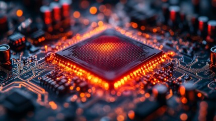 Aufkleber - A quantum processor glows with vibrant orange lights amid a complex circuitry setup, showcasing the principles of superposition and entanglement in advanced computing technologies.