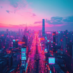Poster - Twilight Cityscape with Digital Data Lines, glowing interconnected infrastructure, holographic infographics, warm purple-blue hues, engaging futuristic aesthetics, intricate details